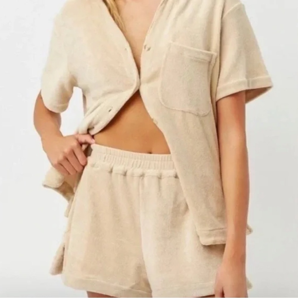 Frankie’s Bikinis Terry Cloth Button Down Shirt in Nude